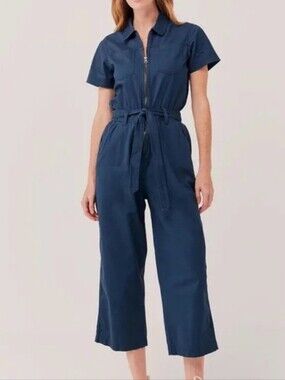 Pact Women's Navy Organic Cotton Short-Sleeve Zip Front Jumpsuit Sz XS